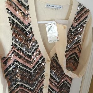 Trina Turk women's petite P sequined embellished merino wool button up cardigan